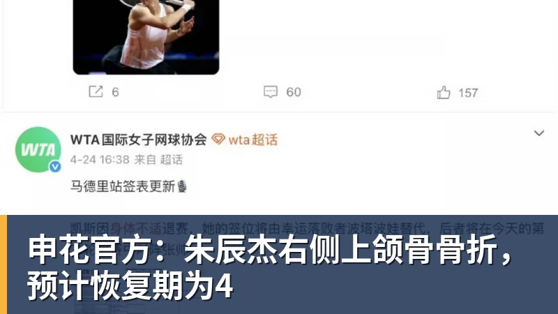 申花官方：朱辰杰右侧上颌骨骨折，预计恢复期为4